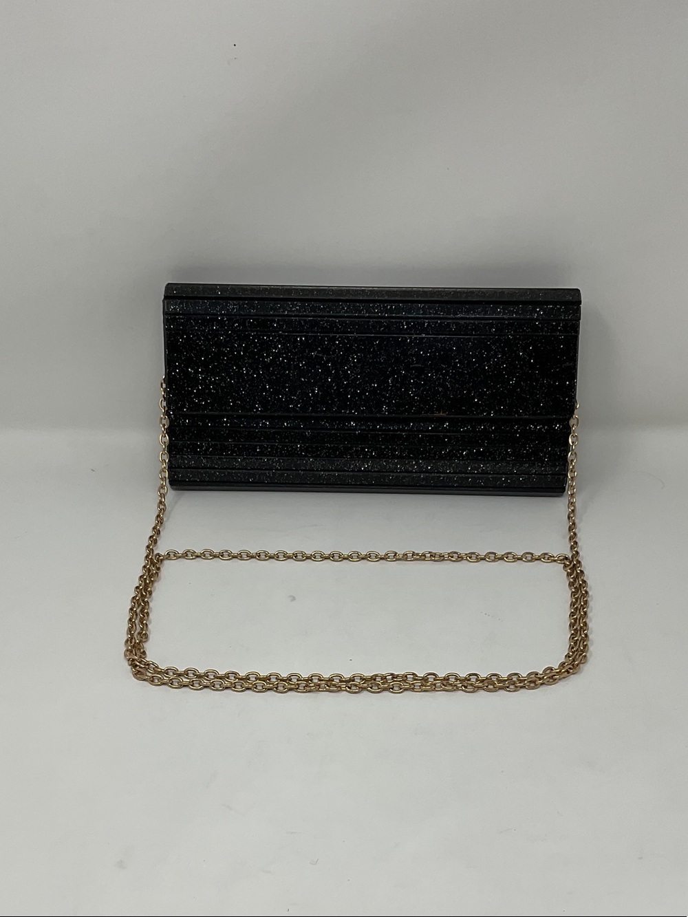 INC International Concepts Black Glitter Clutch with Gold Chain